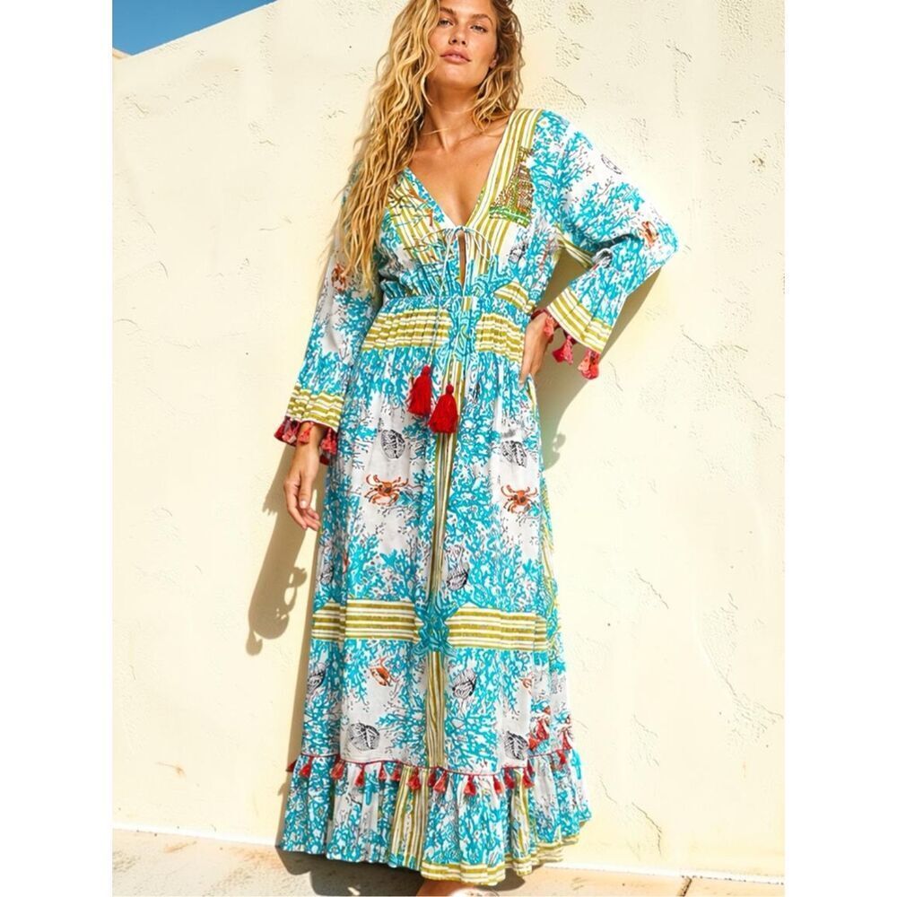 POL Bohemian Tassel Trim Maxi Dress Coastal Beach Print 100% Cotton Boho Medium